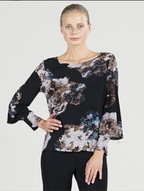 Clara Sun Woo Mosaic Print Peekaboo Cuff Sleeve Top Size L Made in USA Neutral